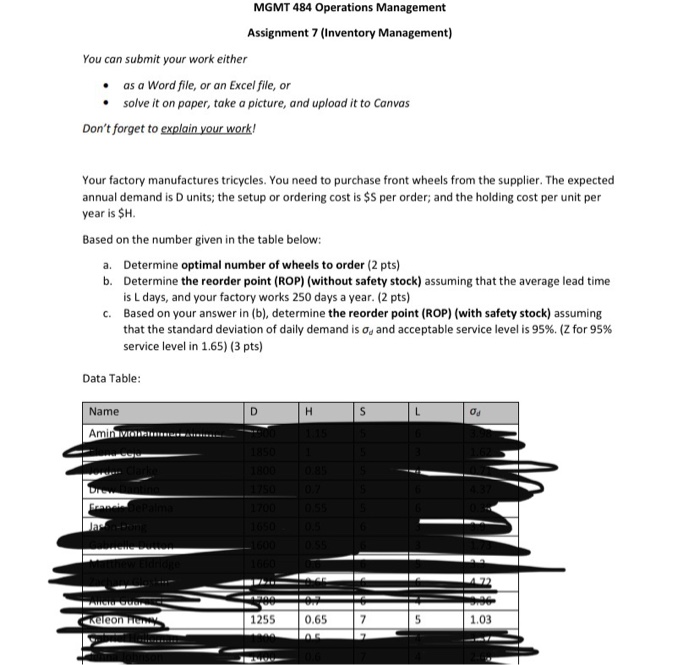 MGMT 484 Operations Management Assignment 7