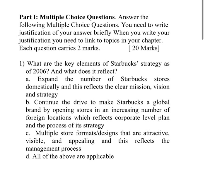 Part I: Multiple Choice Questions. Answer the