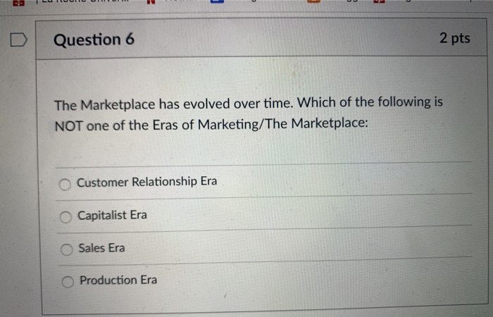 20 Question 6 2 pts The Marketplace has evolved