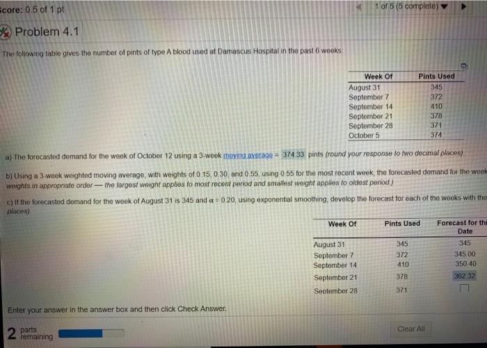 score: 0.5 of 1 pt 1 of 5 (5 complete) Problem