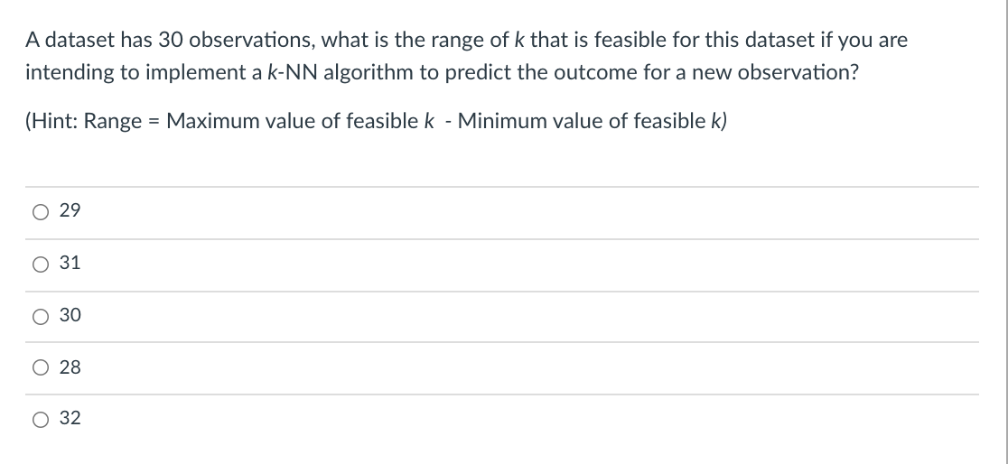 A dataset has 30 observations, what is the range