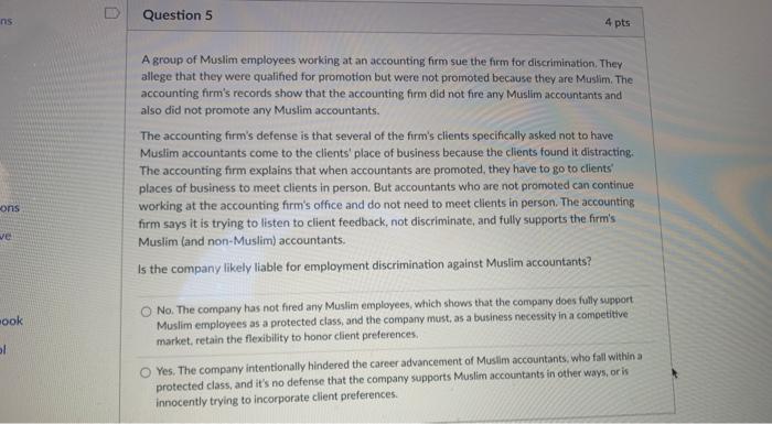 1-5 Question 1 4 pts A supervisor at work decided
