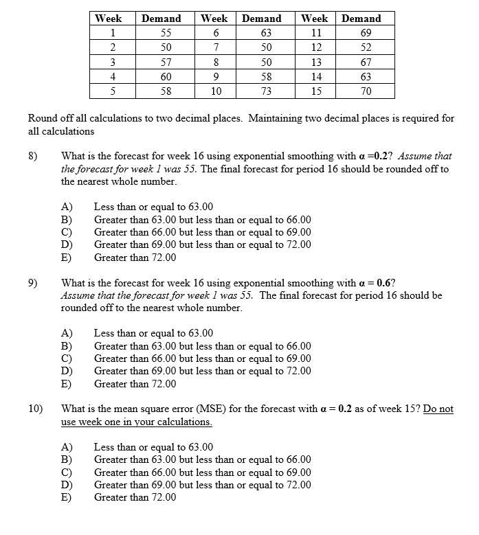 Week 1 2 3 4 5 Demand 55 50 57 60 58 Week 6 7 8 9