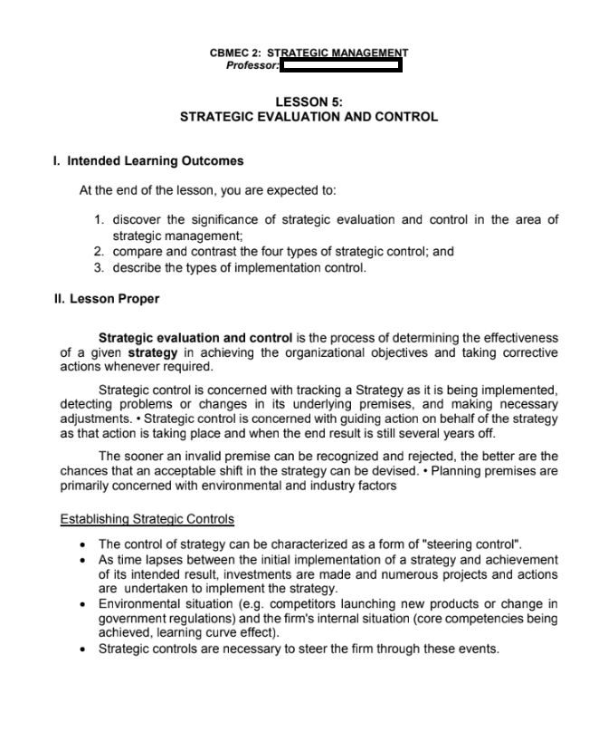 Questions: 1. What is strategic control? 2. How