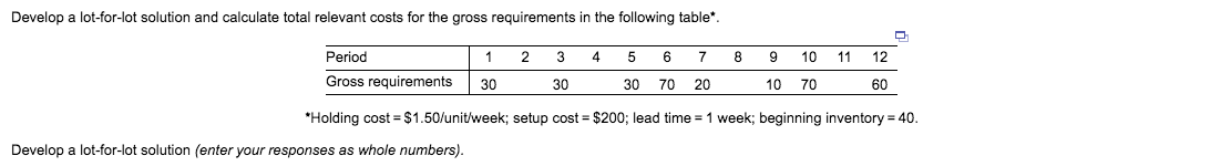 Develop a lot-for-lot solution and calculate