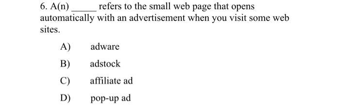 6. A(n) refers to the small web page that opens