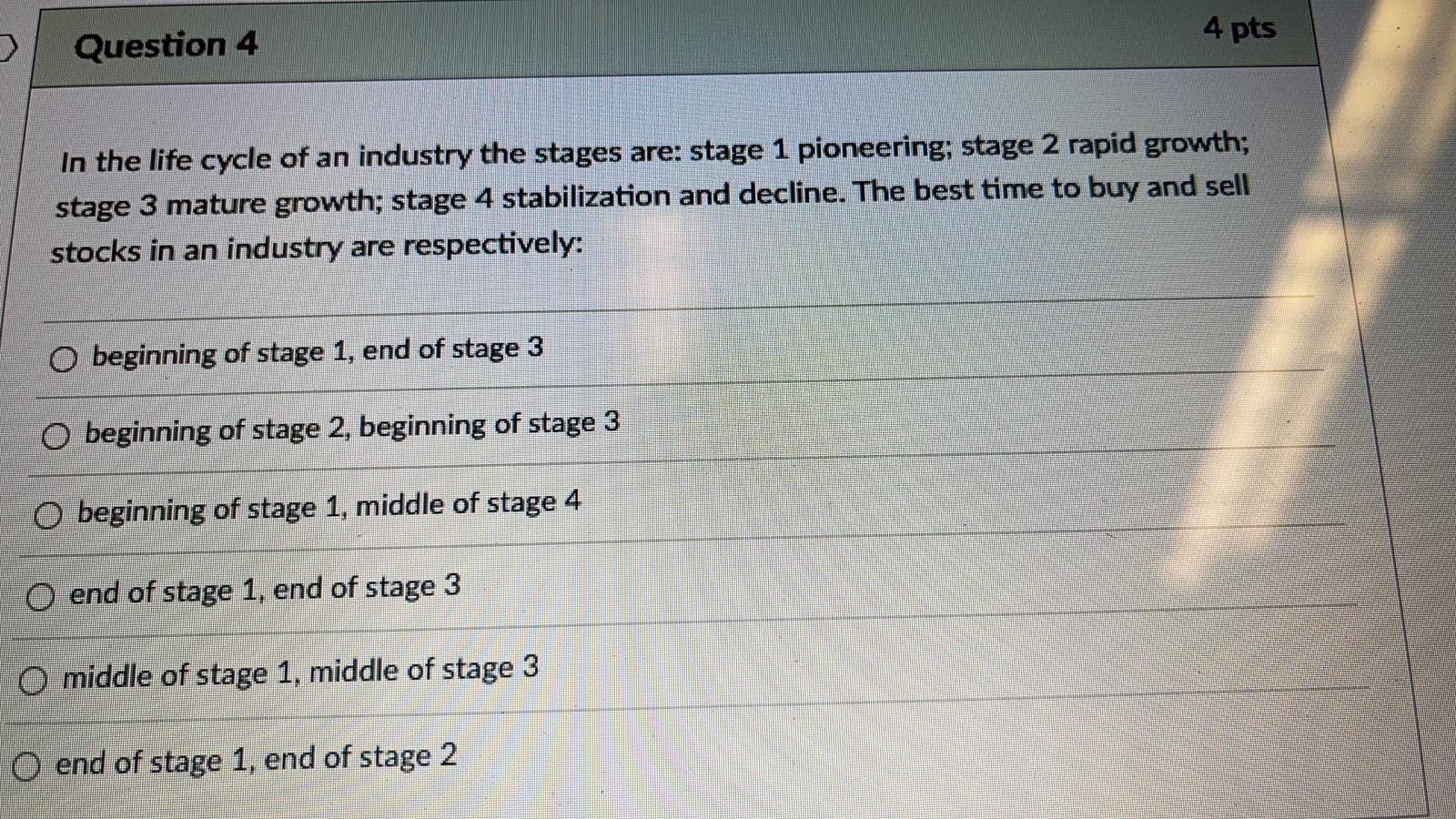 4 pts Question 4 In the life cycle of an industry