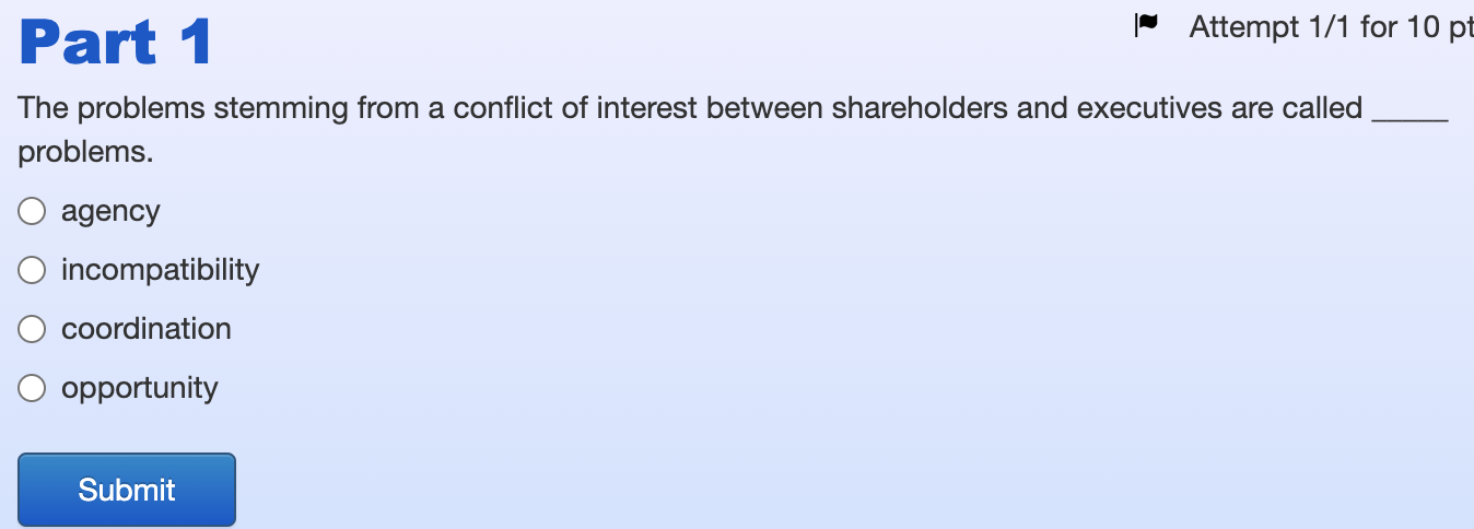 Part 1 Attempt 1/1 for 10 pt The problems