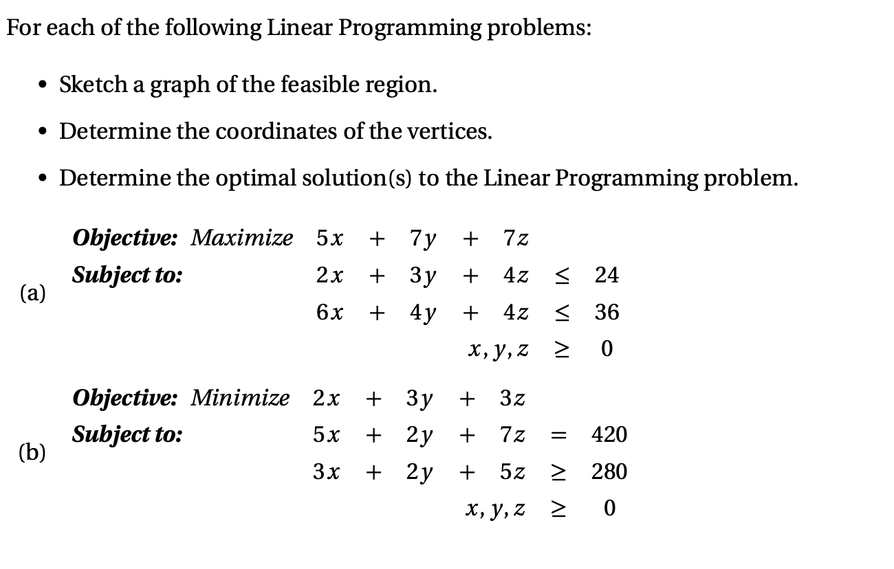 For each of the following Linear Programming