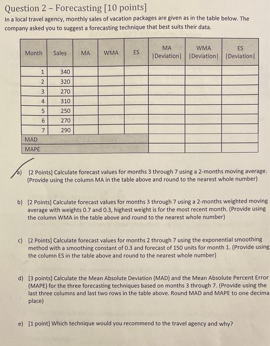 Question 2 - Forecasting (10 points] In a local