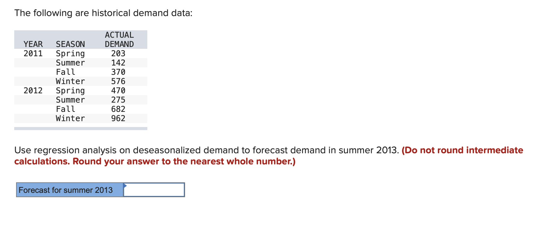 The following are historical demand data: YEAR