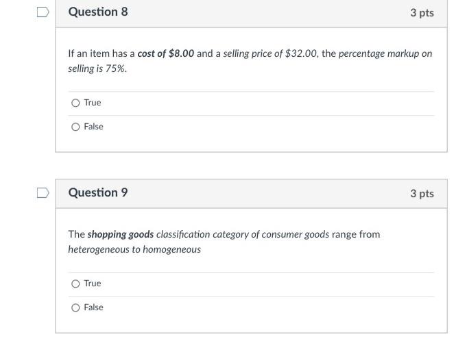 Question 8 3 pts If an item has a cost of $8.00