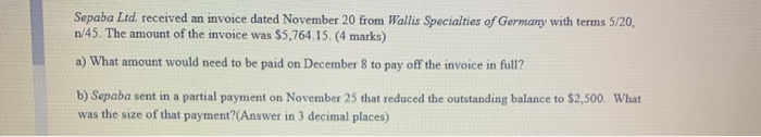 Sepaba Ltd. received an invoice dated November 20