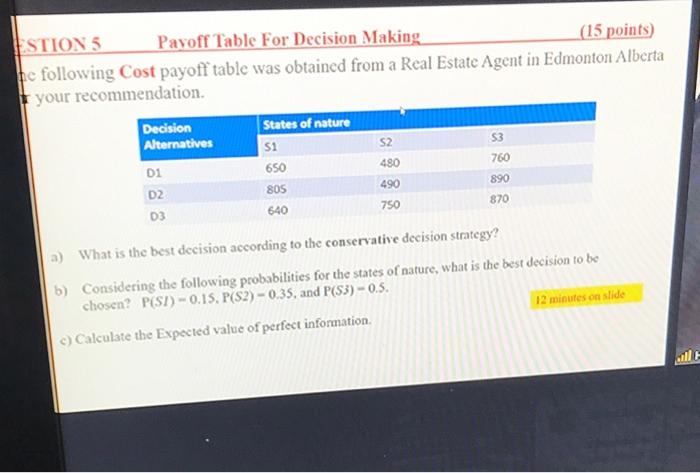 STION 5 Payoff Table For Decision Making (15