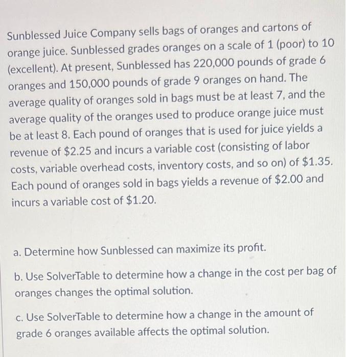 Sunblessed Juice Company sells bags of oranges