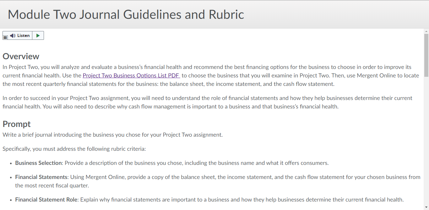 Module Two Journal Guidelines and Rubric Listen