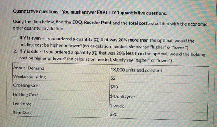 x= 3 Y=1 Quantitative questions - You must answer