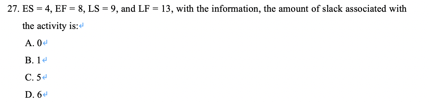 27. ES = 4, EF = 8, LS = 9, and LF = 13, with the