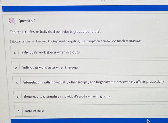 Question 9 Triplett's studies on individual