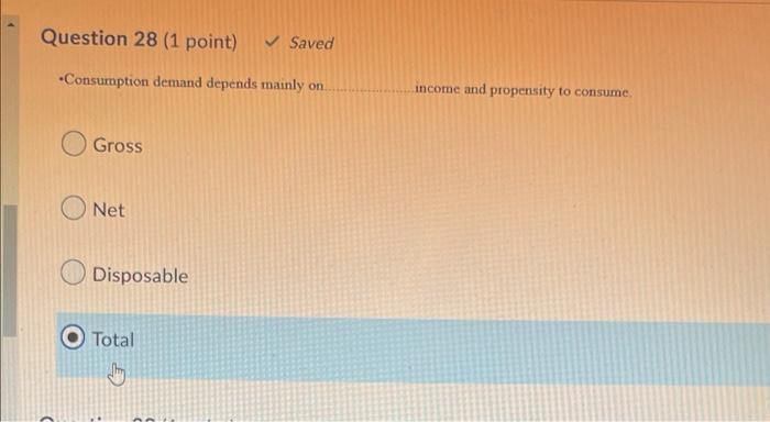 Question 28 (1 point) Saved Consumption demand