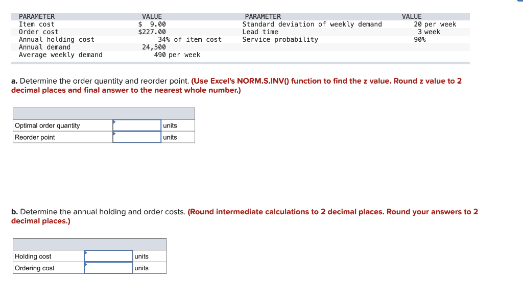 PARAMETER Item cost Order cost Annual holding