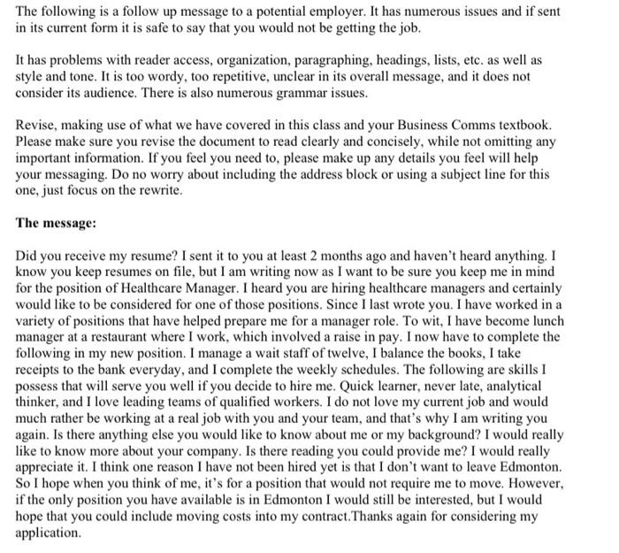 The following is a follow up message to a