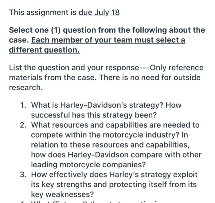 This assignment is due July 18 Select one (1)