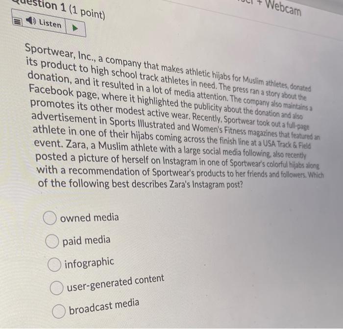 tion 1 (1 point) Webcam Listen Sportwear, Inc., a