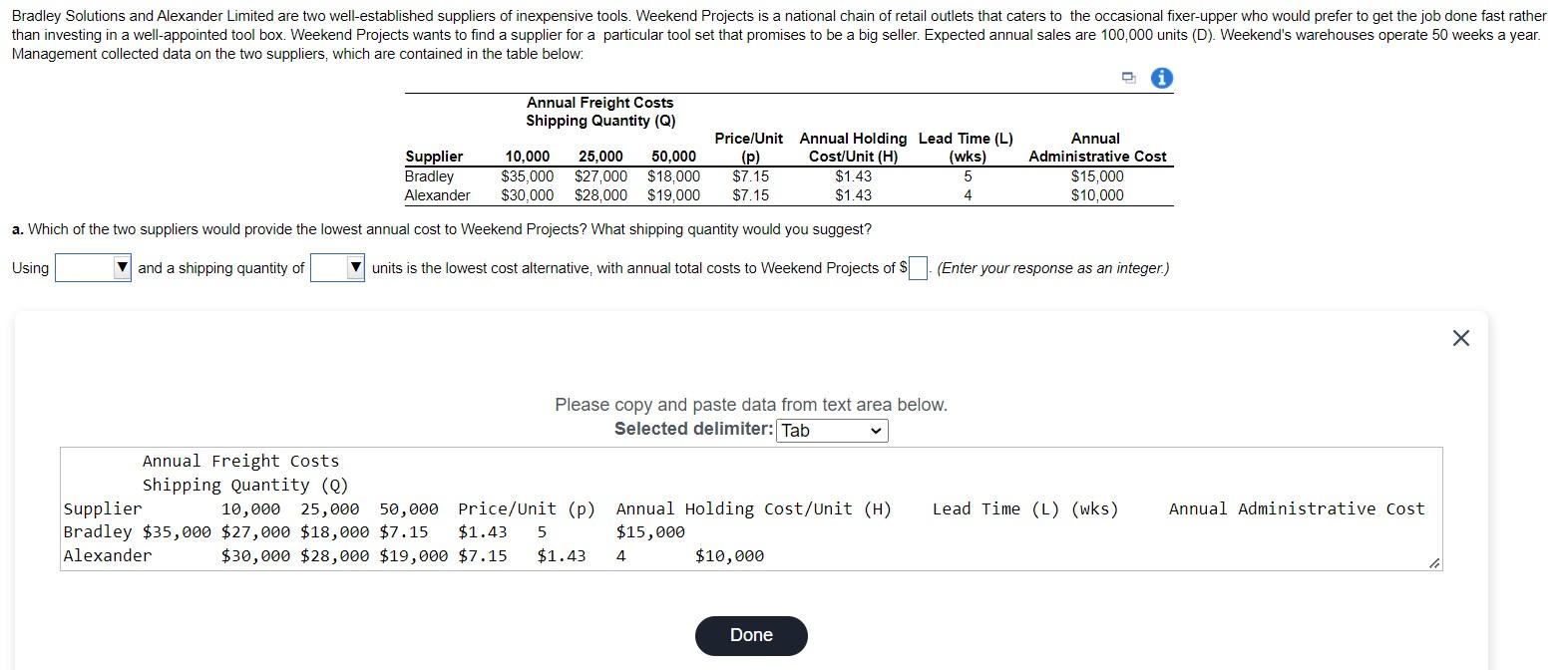 Management collected data on the two suppliers,
