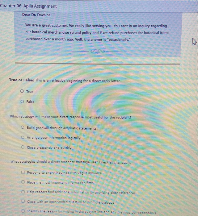 Chapter 06: Aplia Assignment Dear Dr. Davalos: