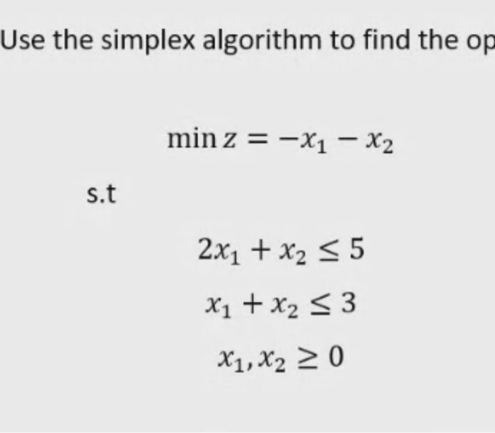 Use the simplex algorithm to find the op min z =