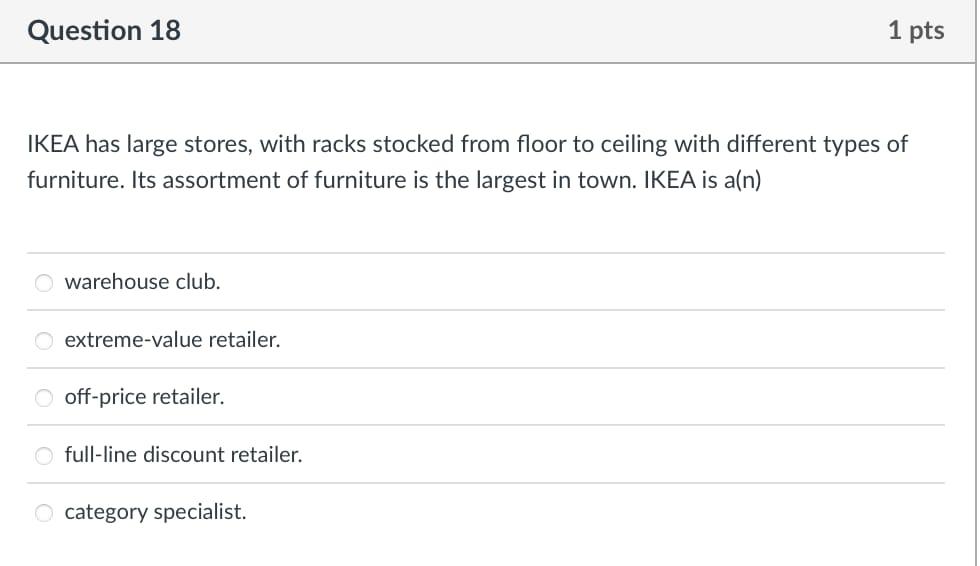 Question 18 1 pts IKEA has large stores, with