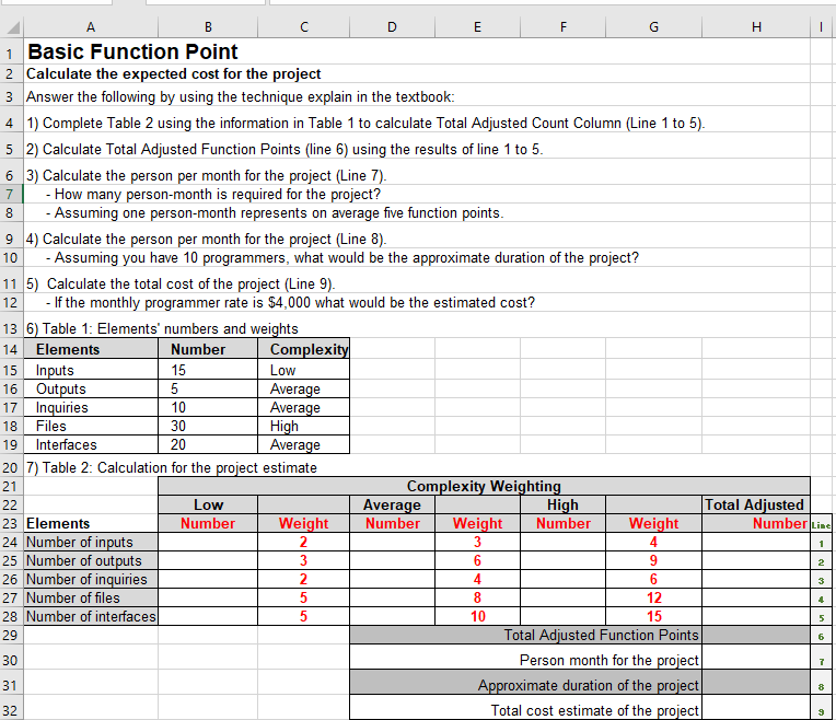 D H 10 A E F G 1 Basic Function Point 2 Calculate
