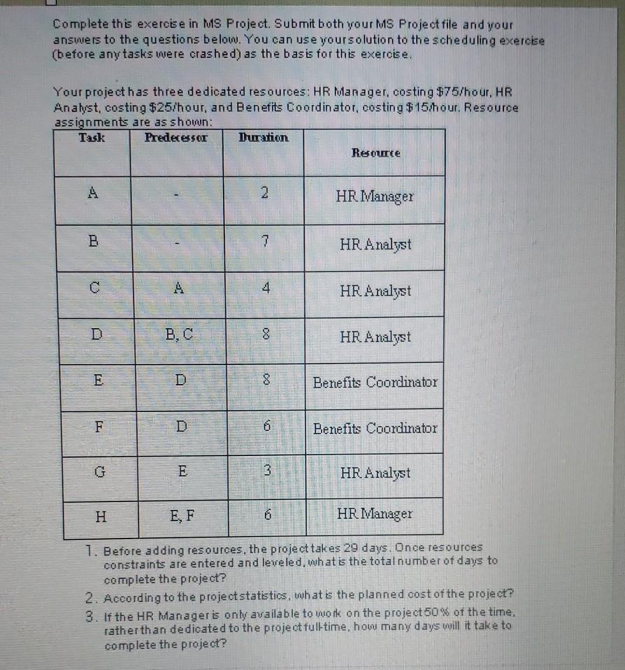 Complete this exercise in MS Project. Submit both