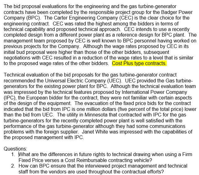 The bid proposal evaluations for the engineering
