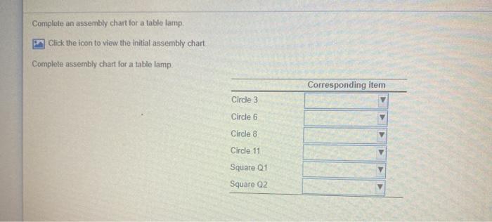 Complete an assembly chart for a table lamp Click
