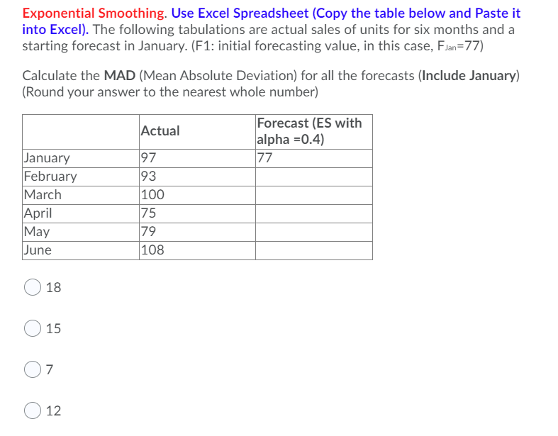Exponential Smoothing. Use Excel Spreadsheet