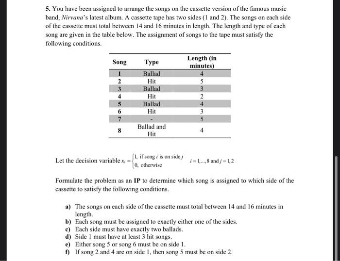 5. You have been assigned to arrange the songs on