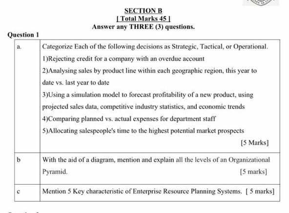SECTION B Lotal Marks 45 | Answer any THREE (3)