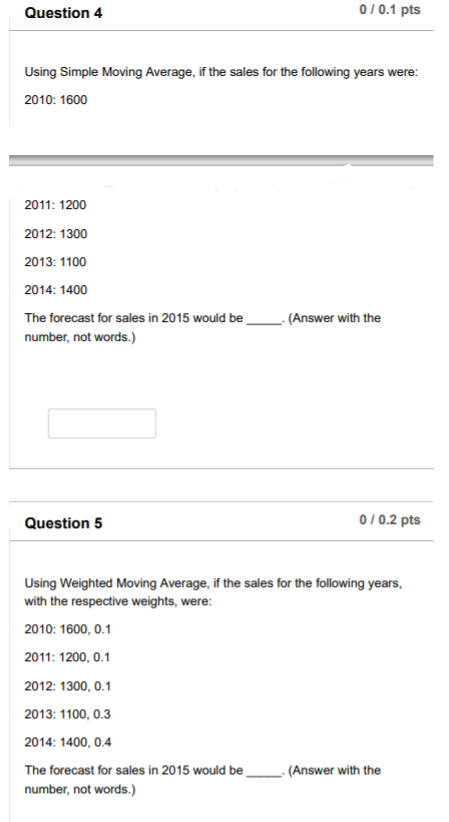 Question 4 0/0.1 pts Using Simple Moving Average,