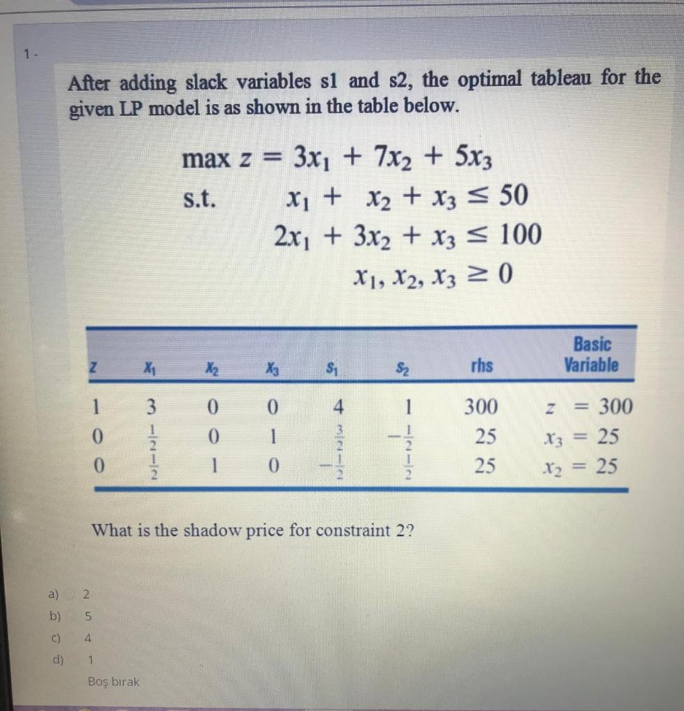 1 - After adding slack variables si and s2, the