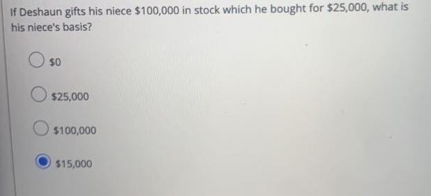 if Deshaun gifts his niece $100,000 in stock