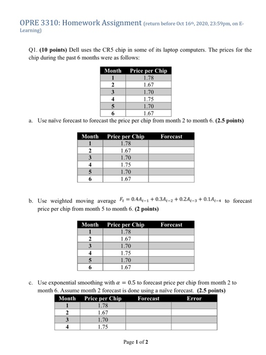 OPRE 3310: Homework Assignment (return before Oct