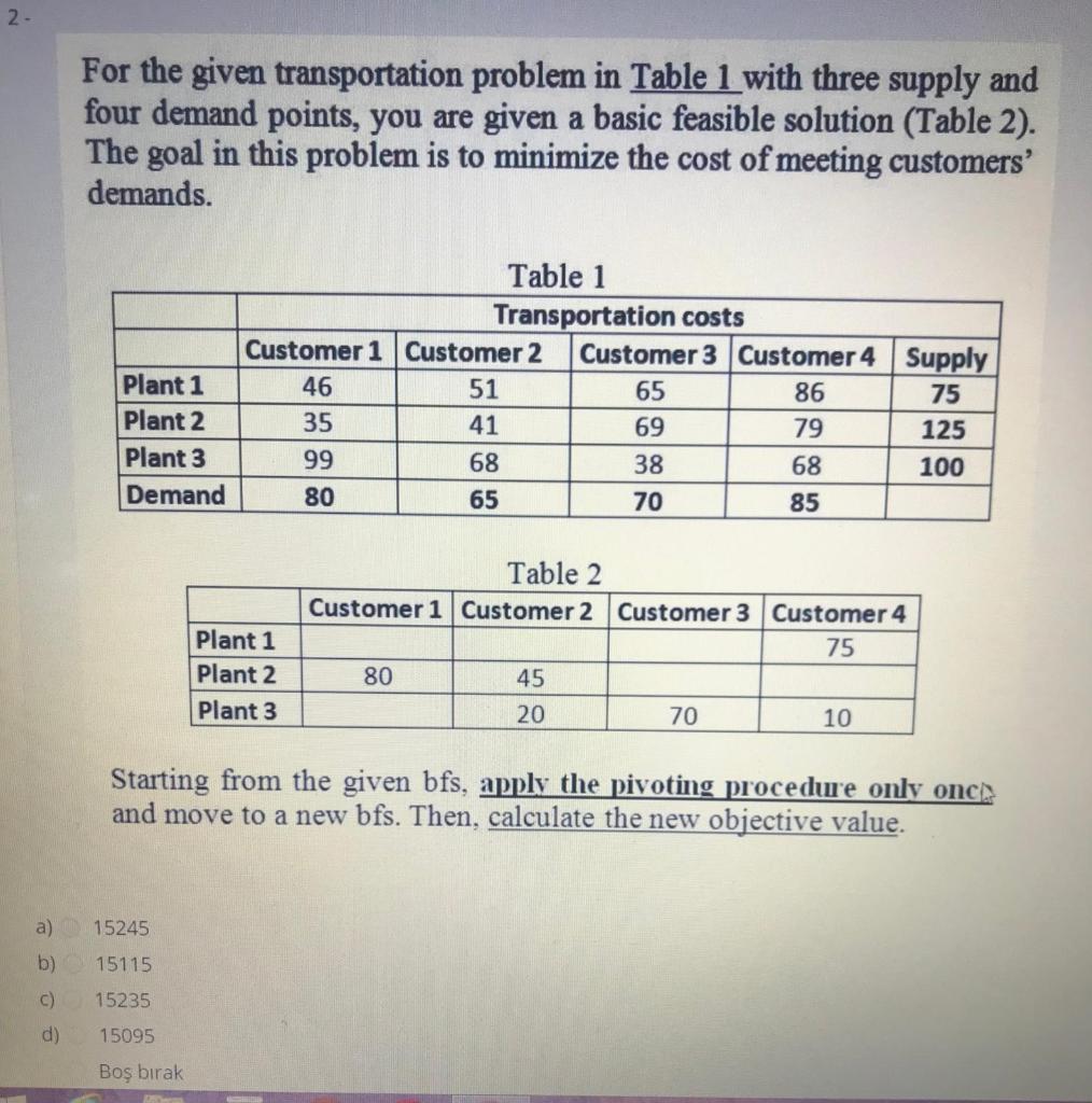 2- For the given transportation problem in Table