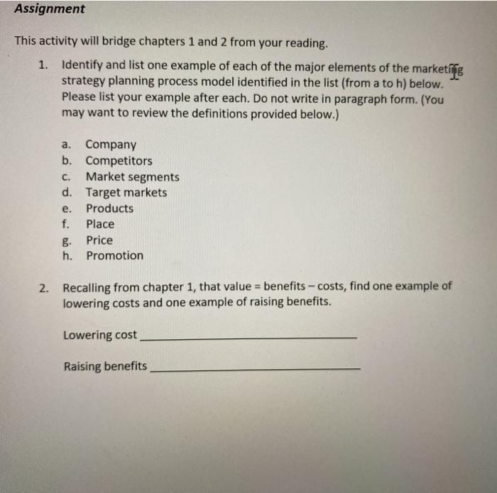 Assignment This activity will bridge chapters 1