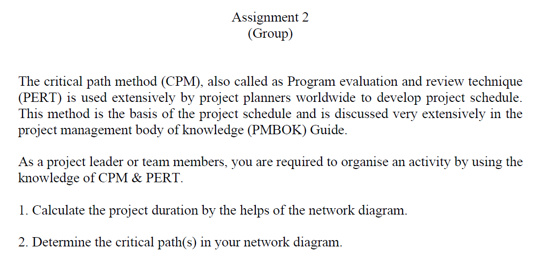 Assignment 2 (Group) The critical path method