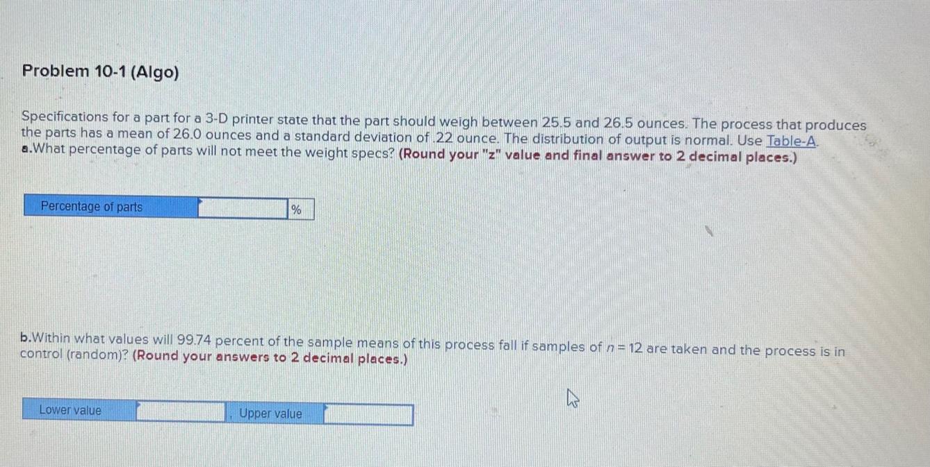 Problem 10-1 (Algo) Specifications for a part for
