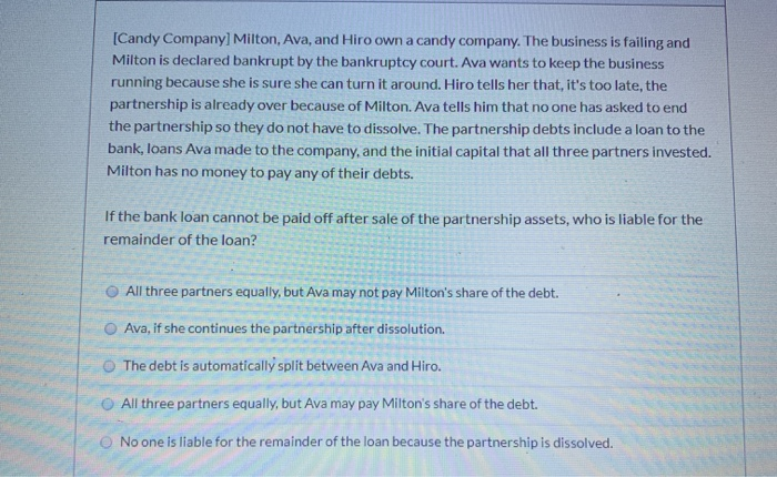 [Candy Company] Milton, Ava, and Hiro own a candy