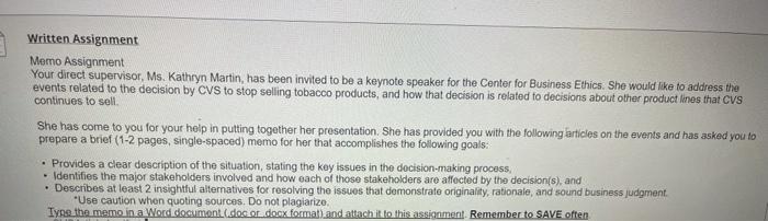 Written Assignment Memo Assignment Your direct