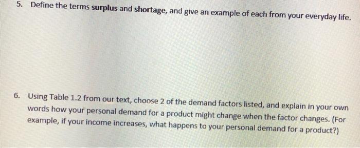 5. Define the terms surplus and shortage, and